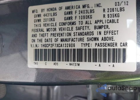 2012 Honda Accord Ex из США, поврежденный, VIN 1HGCP2F7XCA132806